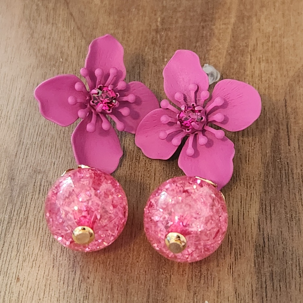 Pink Flower Drop Earrings Matte Floral Rhinestone Crackle Bead Gold Tone Studs